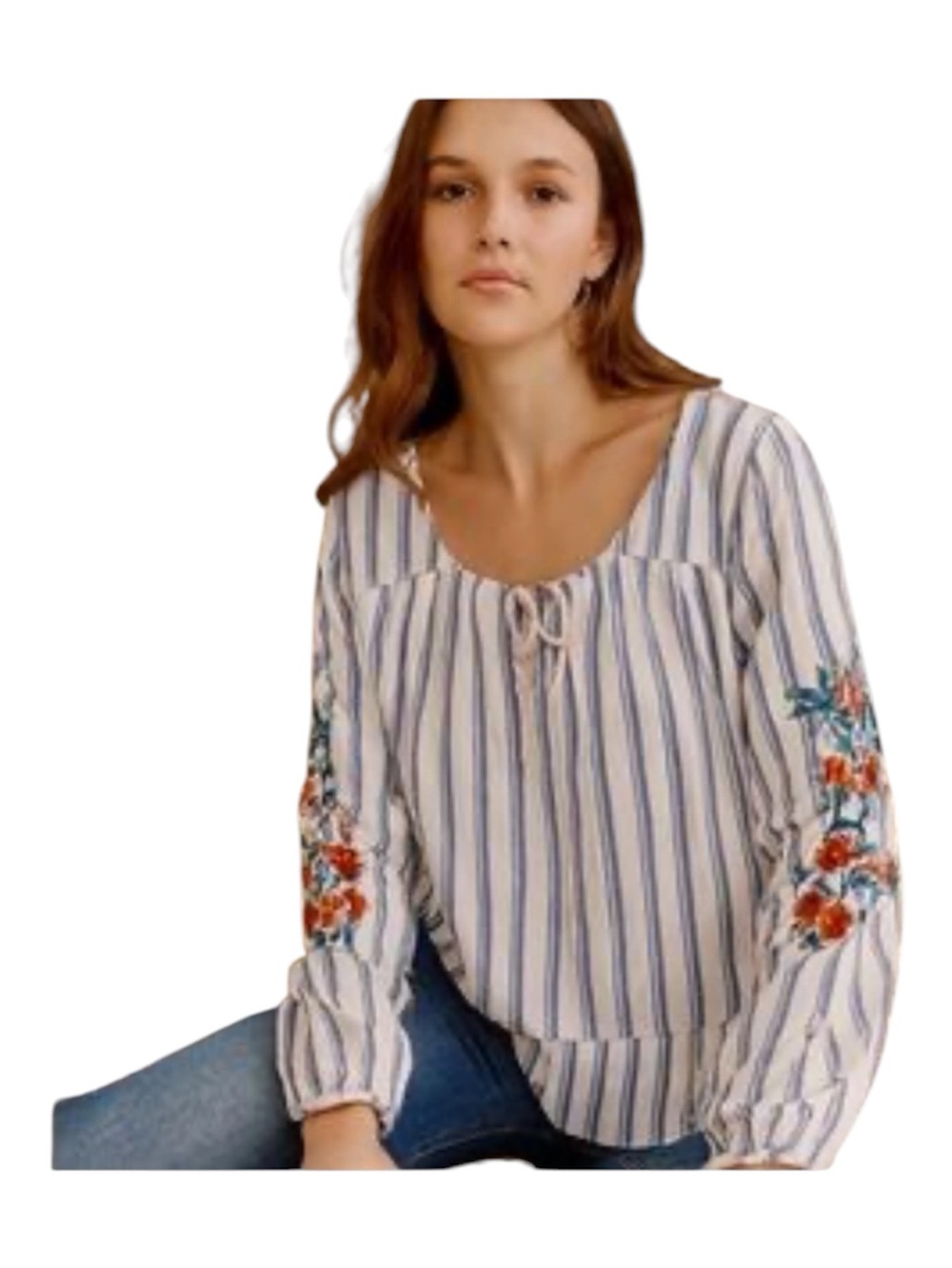 Hollister Striped Peasant Top Boho w/Floral Embroidery - White/Blue Sz S